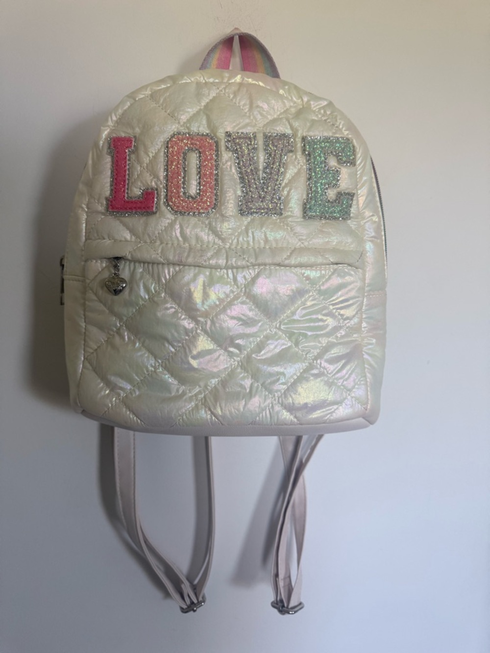 OMG Accessories LOVE Iridescent Quilted Mini Backpack Rainbow Strap